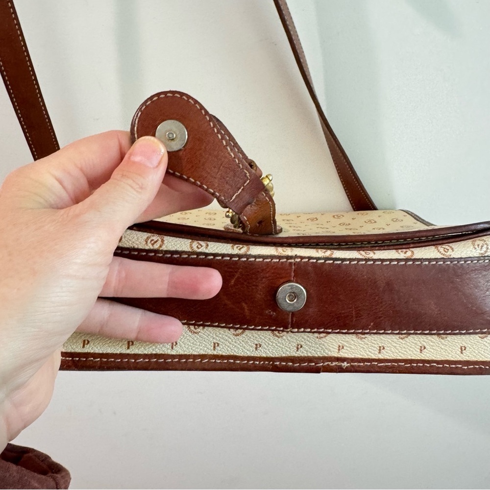 Vintage Pollini Italian Leather Logo Shoulder Bag Satchel Cream/Brown - Picture 9 of 14